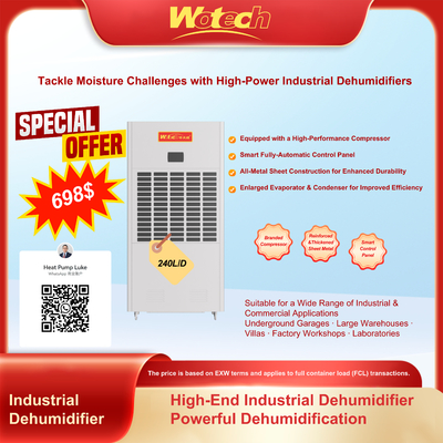 बड़े स्थानों के लिए 240L / दिन औद्योगिक डीह्यूमिडिफ़ायर के लिए सीमित विशेष प्रस्ताव फ़ैक्टरी / लैब रूम के लिए कम शोर निरंतर नाली
